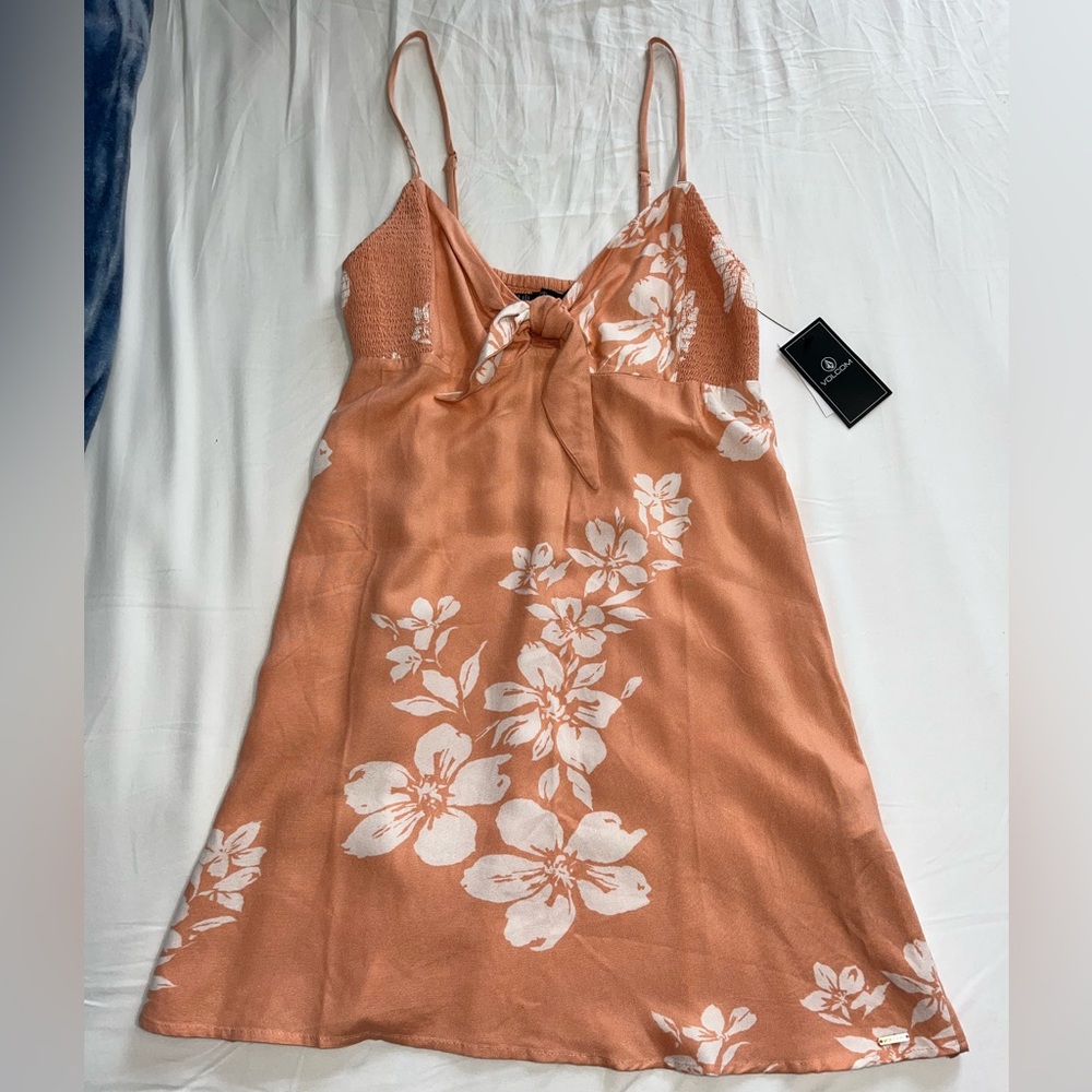 Volcom orange floral front tie dress size small